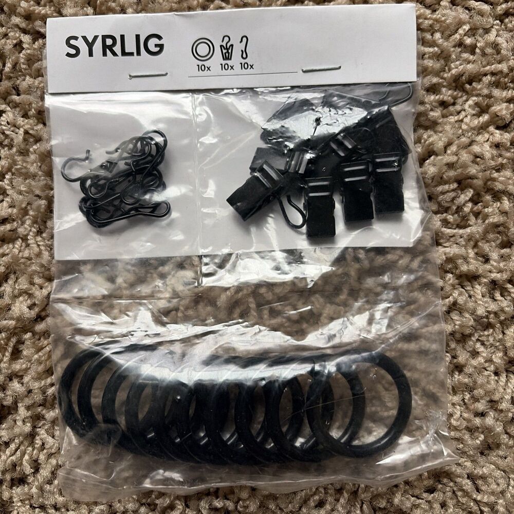 Ikea SYRLIG 1" Curtain Ring Set Black Includes Hooks Clips 102.172.40